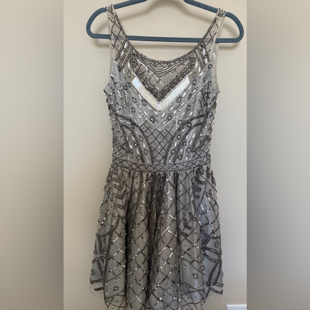 Lotus Threads Gray Beaded Dress – Size 2 – Open Back & Layered Skirt